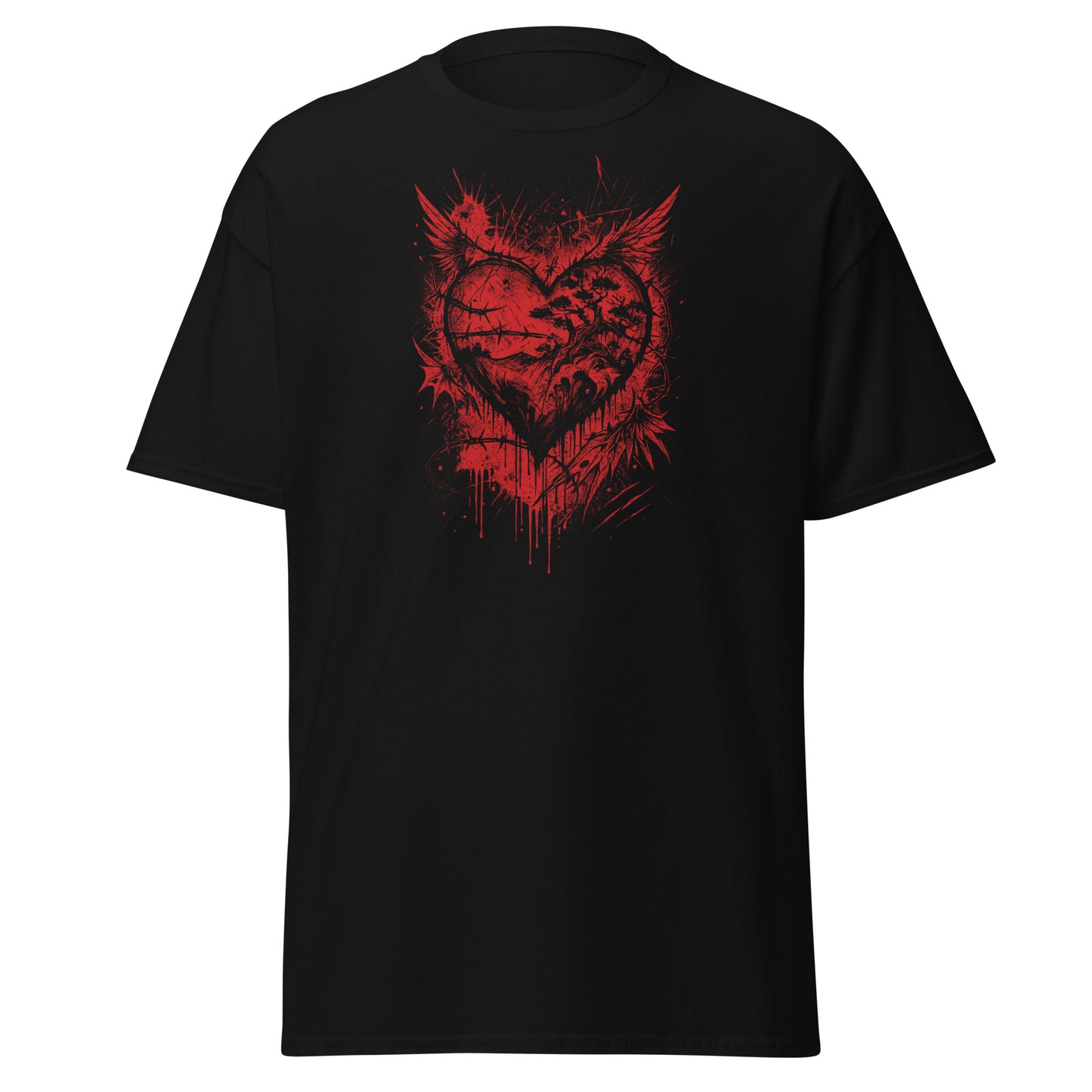 Black t-shirt with a red heart and animal design on a white background