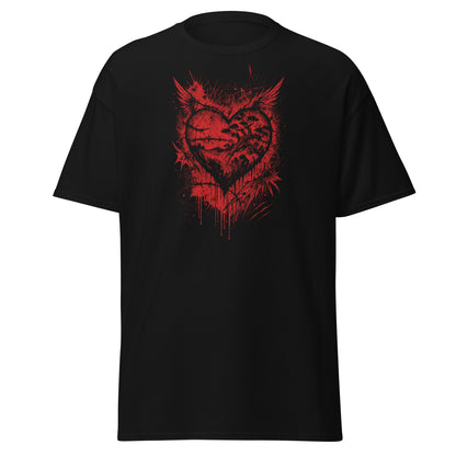 Black t-shirt with a red heart and animal design on a white background