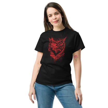Woman wearing a black t-shirt with a red heart design on a white background