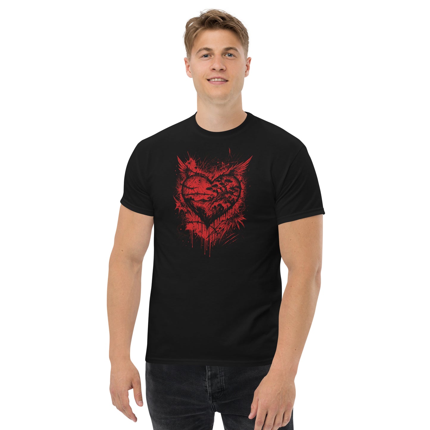 Man wearing a black t-shirt with a red heart graphic design on a white background