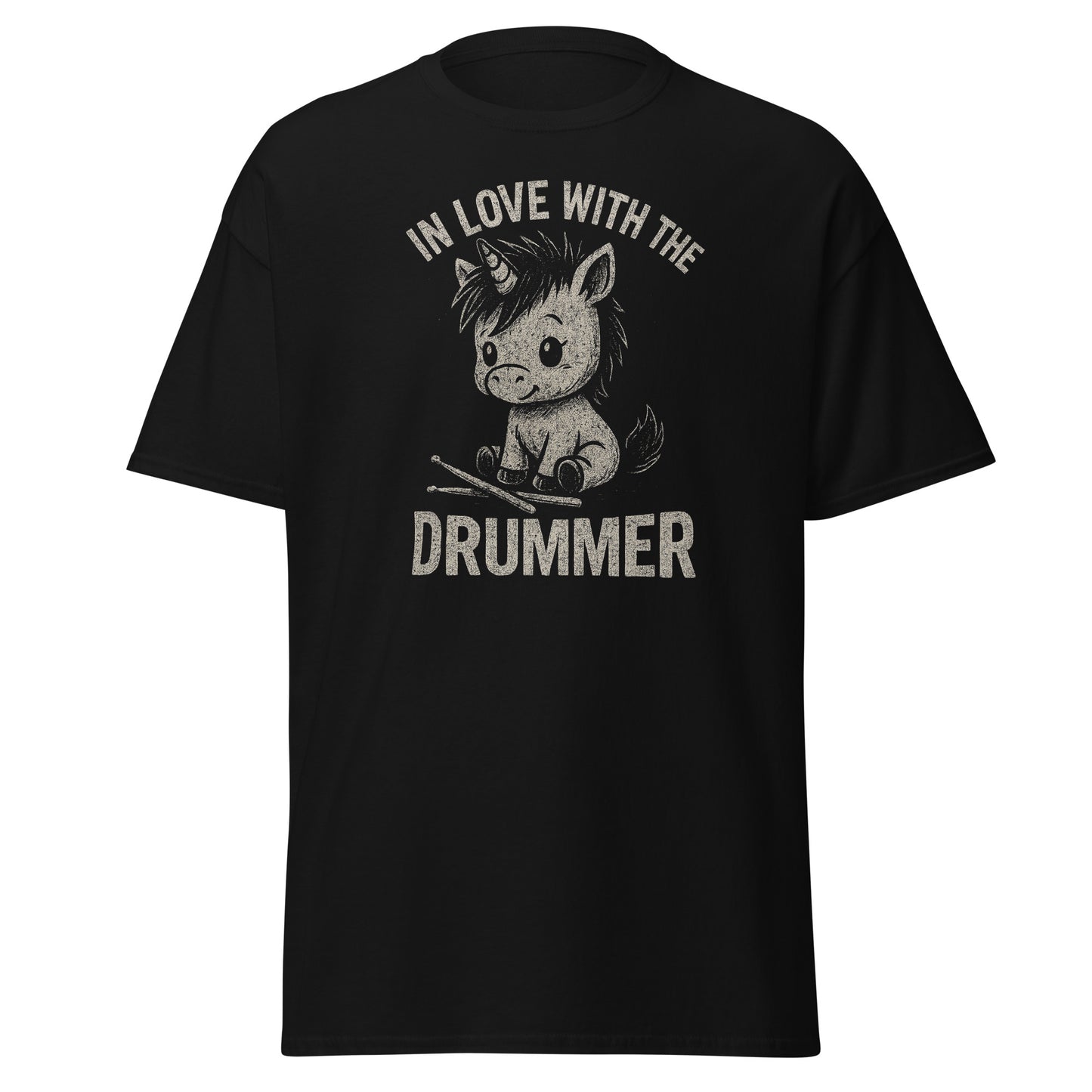 Black t-shirt with a unicorn graphic and text 'In Love with the Drummer' on a white background