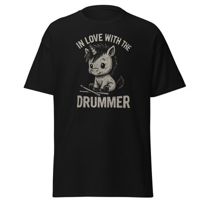 Black t-shirt with a unicorn graphic and text 'In Love with the Drummer' on a white background