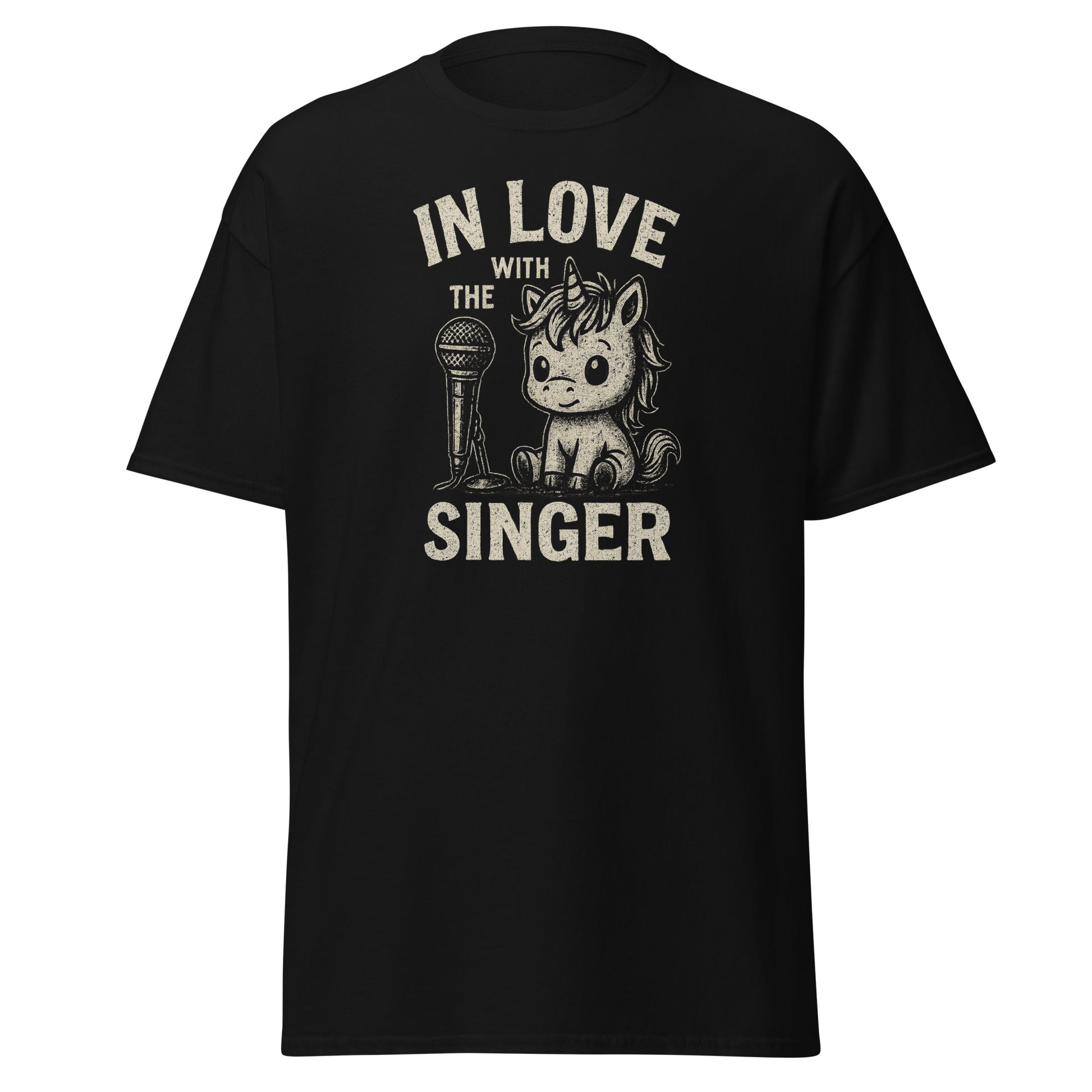 Black t-shirt with a graphic of a unicorn holding a microphone and text 'In Love with the Singer' on a white background.