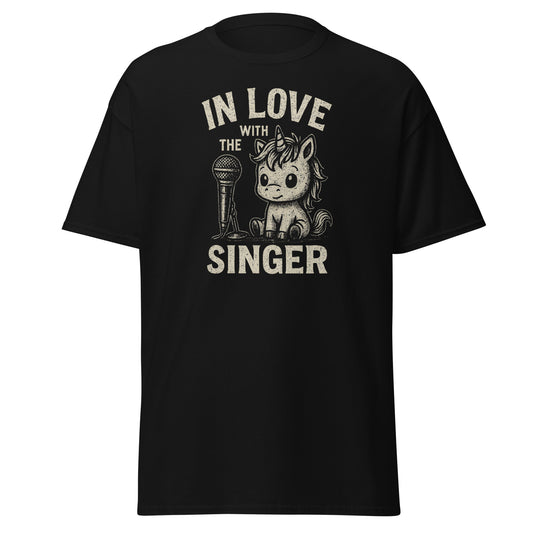 Black t-shirt with a graphic of a unicorn holding a microphone and text 'In Love with the Singer' on a white background.