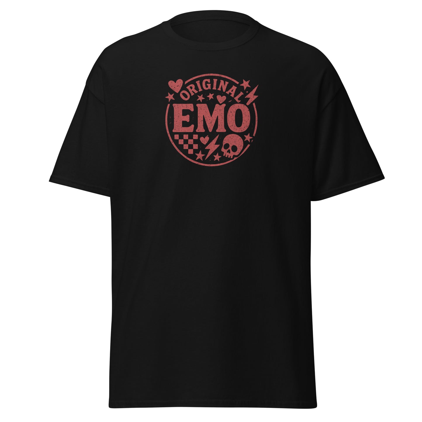 Black t-shirt with red 'Original Emo' graphic on a white background