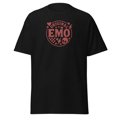 Black t-shirt with red 'Original Emo' graphic on a white background