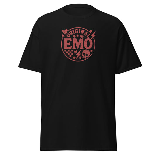 Black t-shirt with red 'Original Emo' graphic on a white background