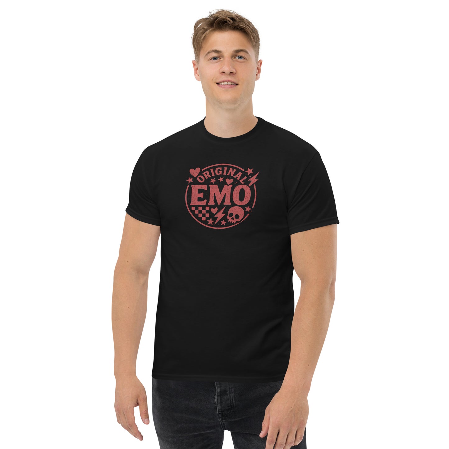 Person wearing a black t-shirt with red 'Original Emo' design on a white background