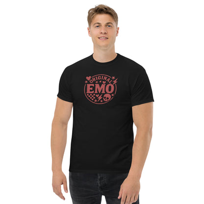 Person wearing a black t-shirt with red 'Original Emo' design on a white background