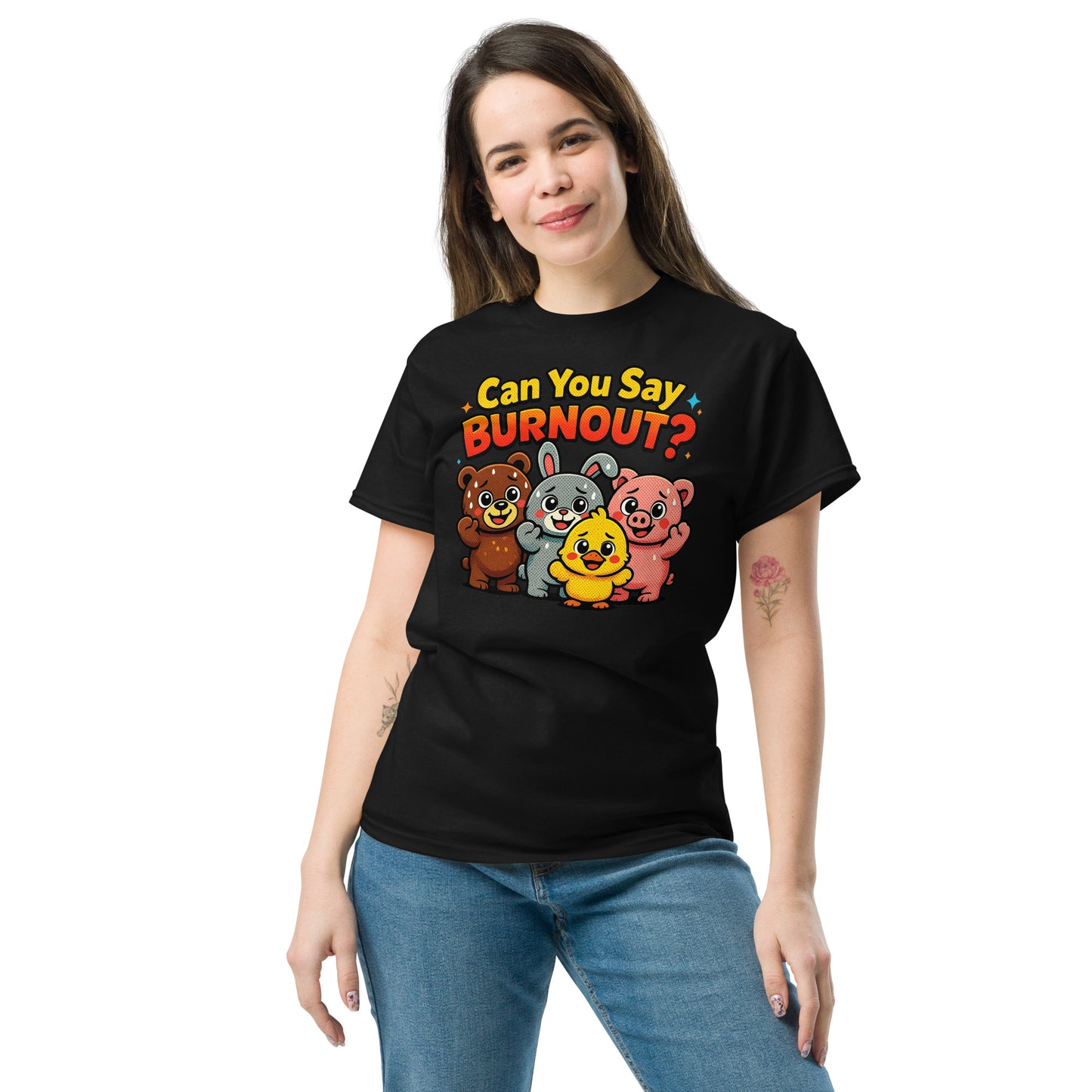 Woman wearing a black t-shirt with a colorful graphic design on a white background