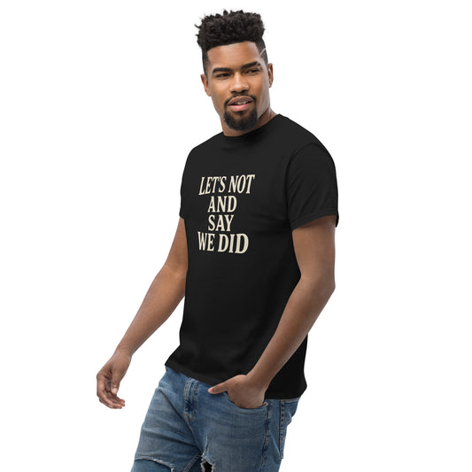 Man wearing a black t-shirt with text on a white background