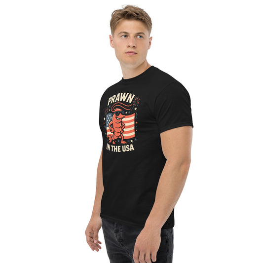 Man wearing a black t-shirt with a graphic design and text on a white background
