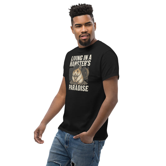 Man wearing a black t-shirt with a graphic and text on a white background
