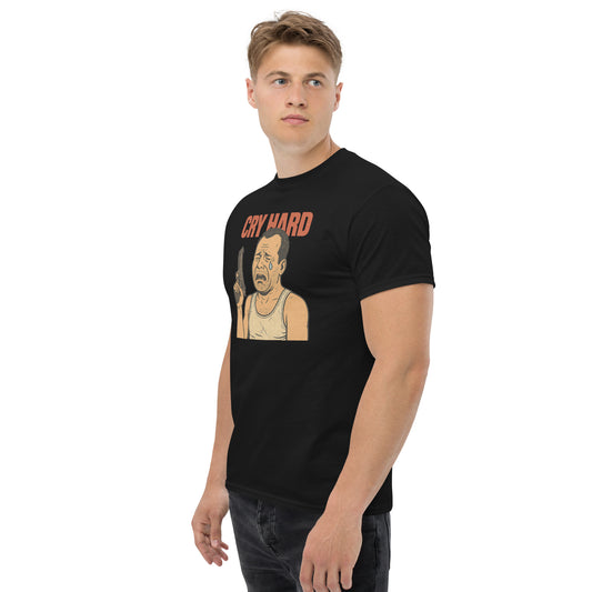 Man wearing a black t-shirt with a graphic design and text on a white background