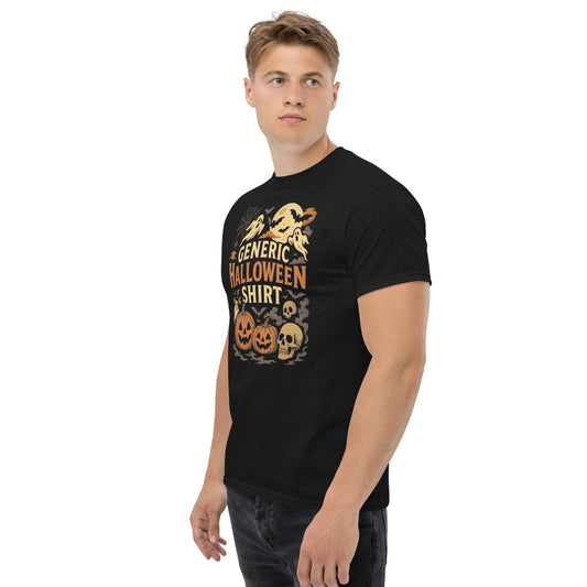 Man wearing a black t-shirt with Halloween-themed design on a white background