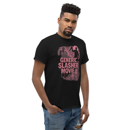 Man wearing a black t-shirt with 'Generic Slasher Movie' graphic design on a white background