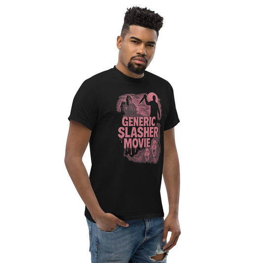 Man wearing a black t-shirt with 'Generic Slasher Movie' graphic design on a white background