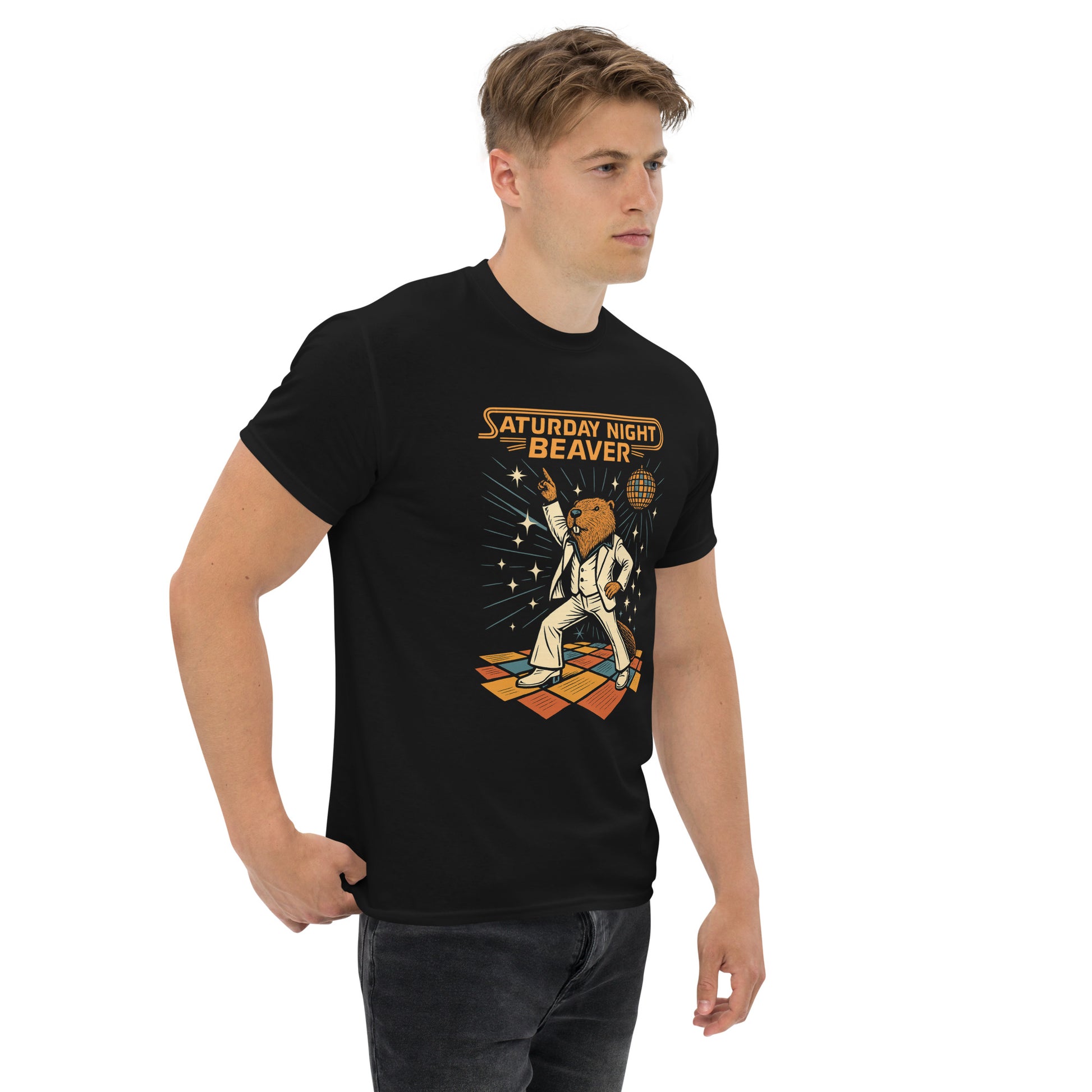 Man wearing a black t-shirt with 'Saturday Night Beaver' graphic design on a white background