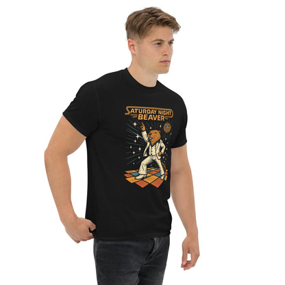 Man wearing a black t-shirt with 'Saturday Night Beaver' graphic design on a white background