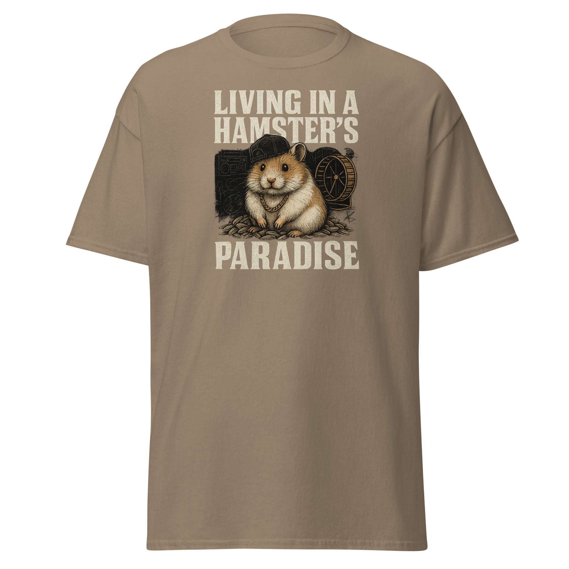 Brown t-shirt with a graphic of a hamster and text 'Living in a Hamster's Paradise' on a white background