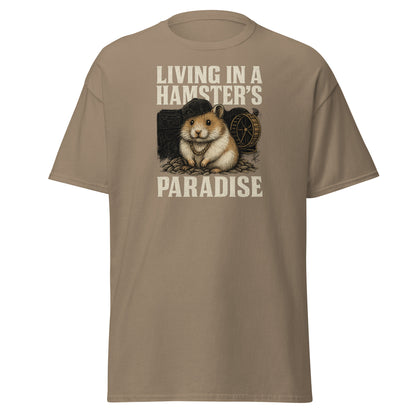 Brown t-shirt with a graphic of a hamster and text 'Living in a Hamster's Paradise' on a white background