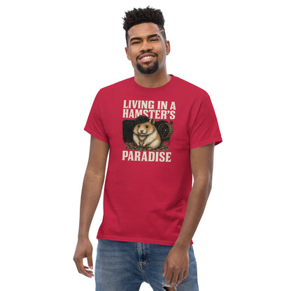 Man wearing a red t-shirt with a graphic and text, standing against a white background