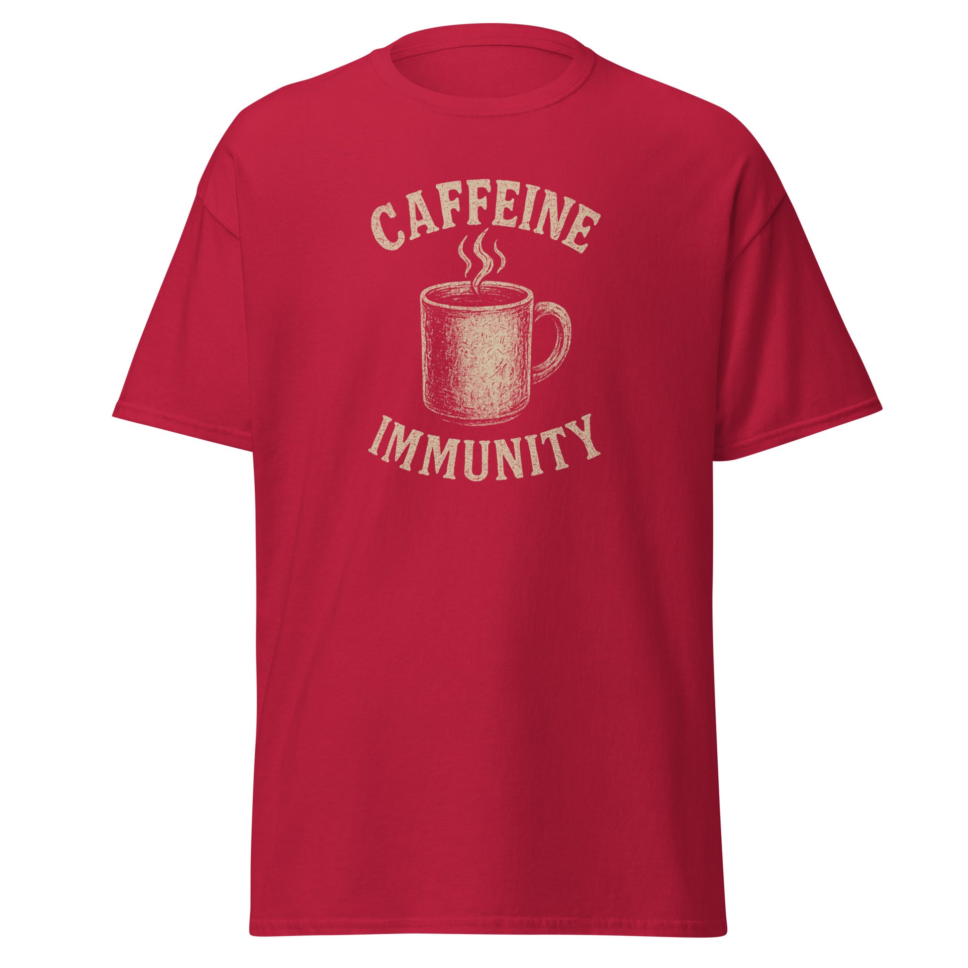 Red t-shirt with a graphic of a coffee cup and text 'CAFFEINE IMMUNITY' on a white background