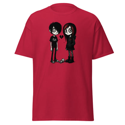 Red t-shirt with cartoon characters and a heart on a white background