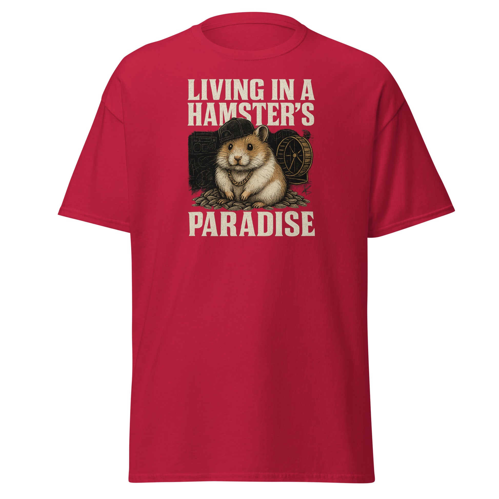 Red t-shirt with a graphic of a hamster and text 'Living in a Hamster's Paradise' on a white background