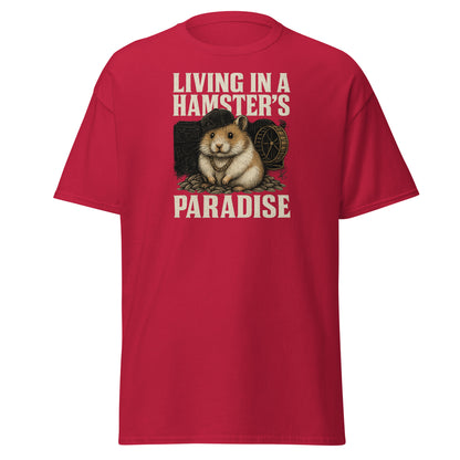 Red t-shirt with a graphic of a hamster and text 'Living in a Hamster's Paradise' on a white background