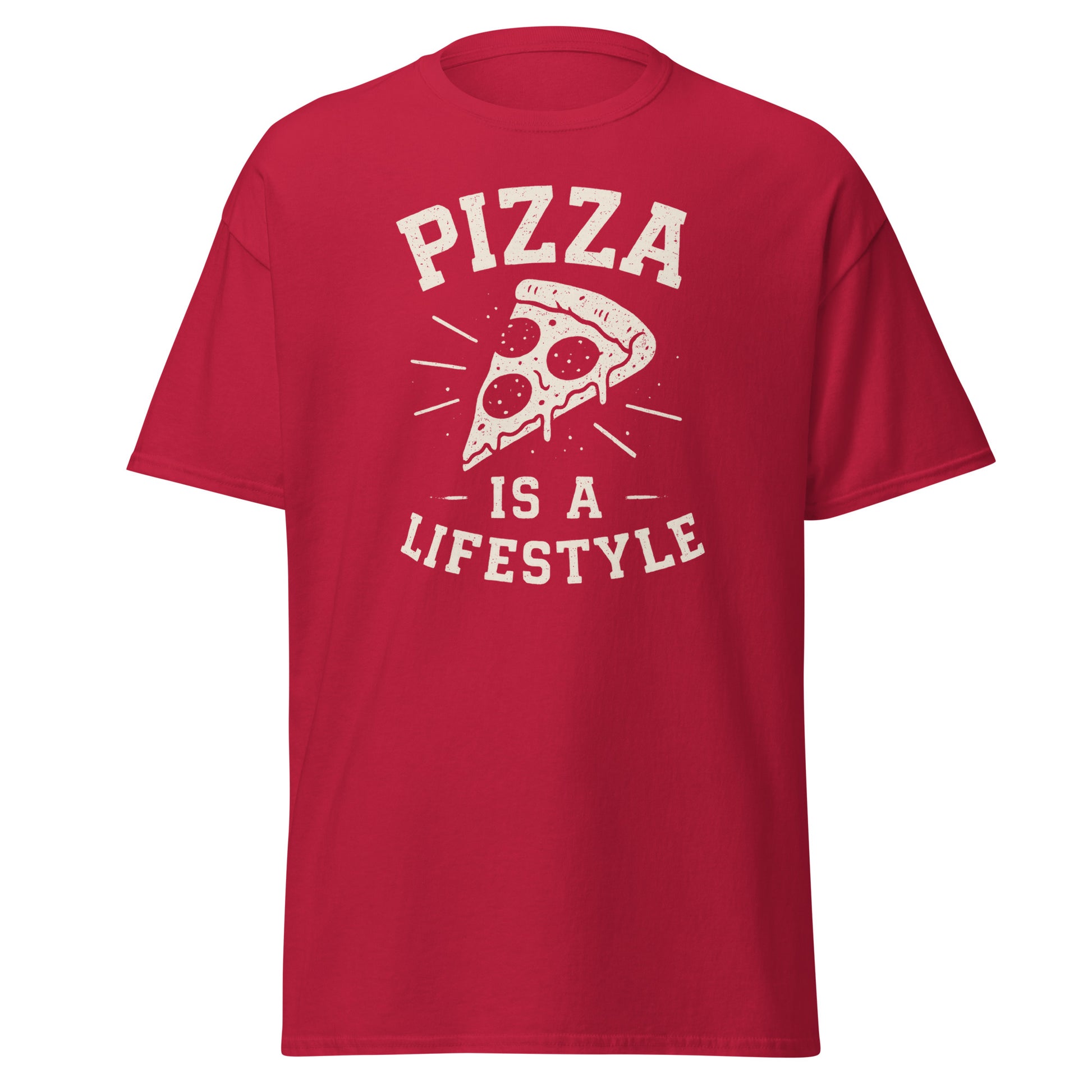 Red t-shirt with 'Pizza is a Lifestyle' text and pizza slice graphic on a white background