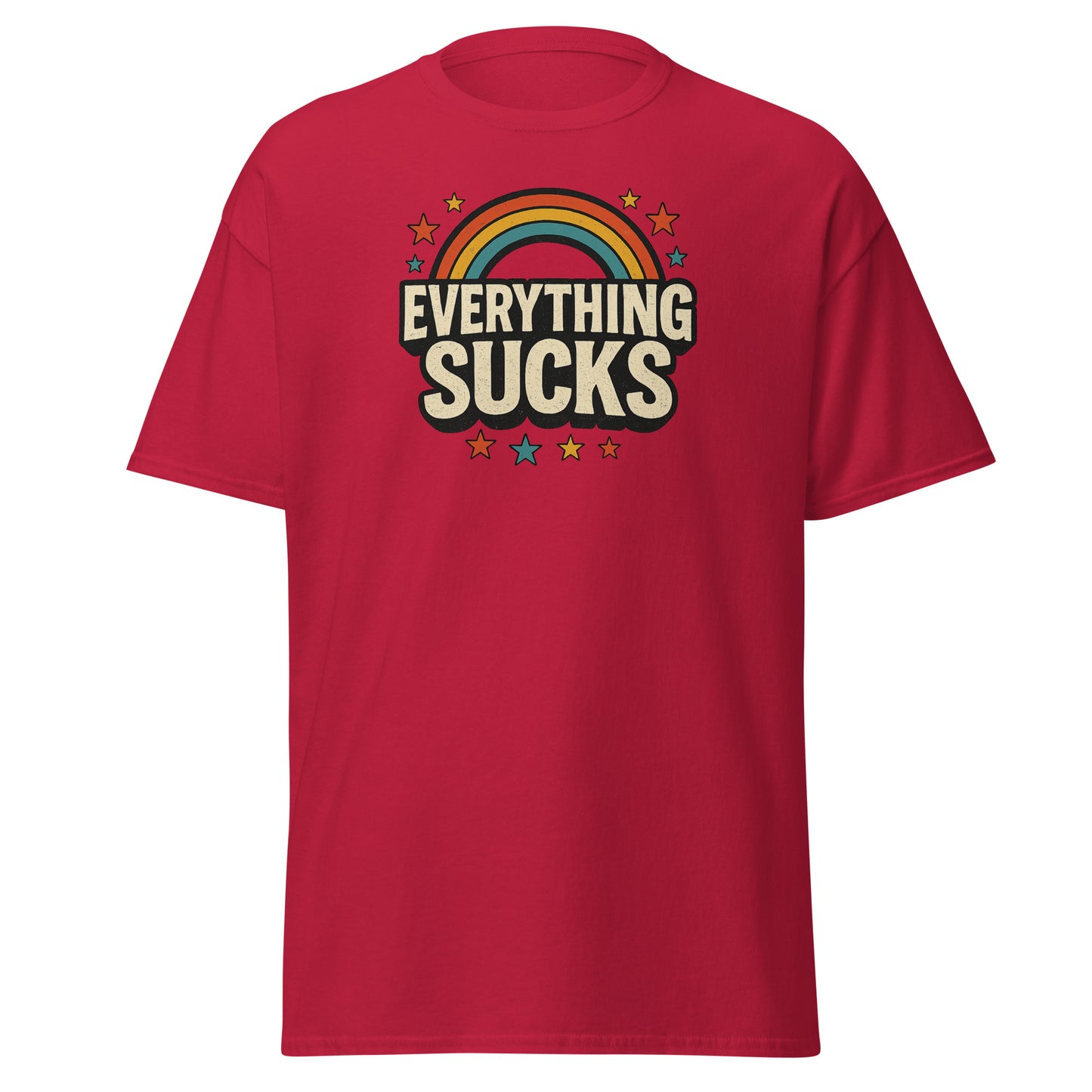 Red t-shirt with 'Everything Sucks' graphic design on a white background