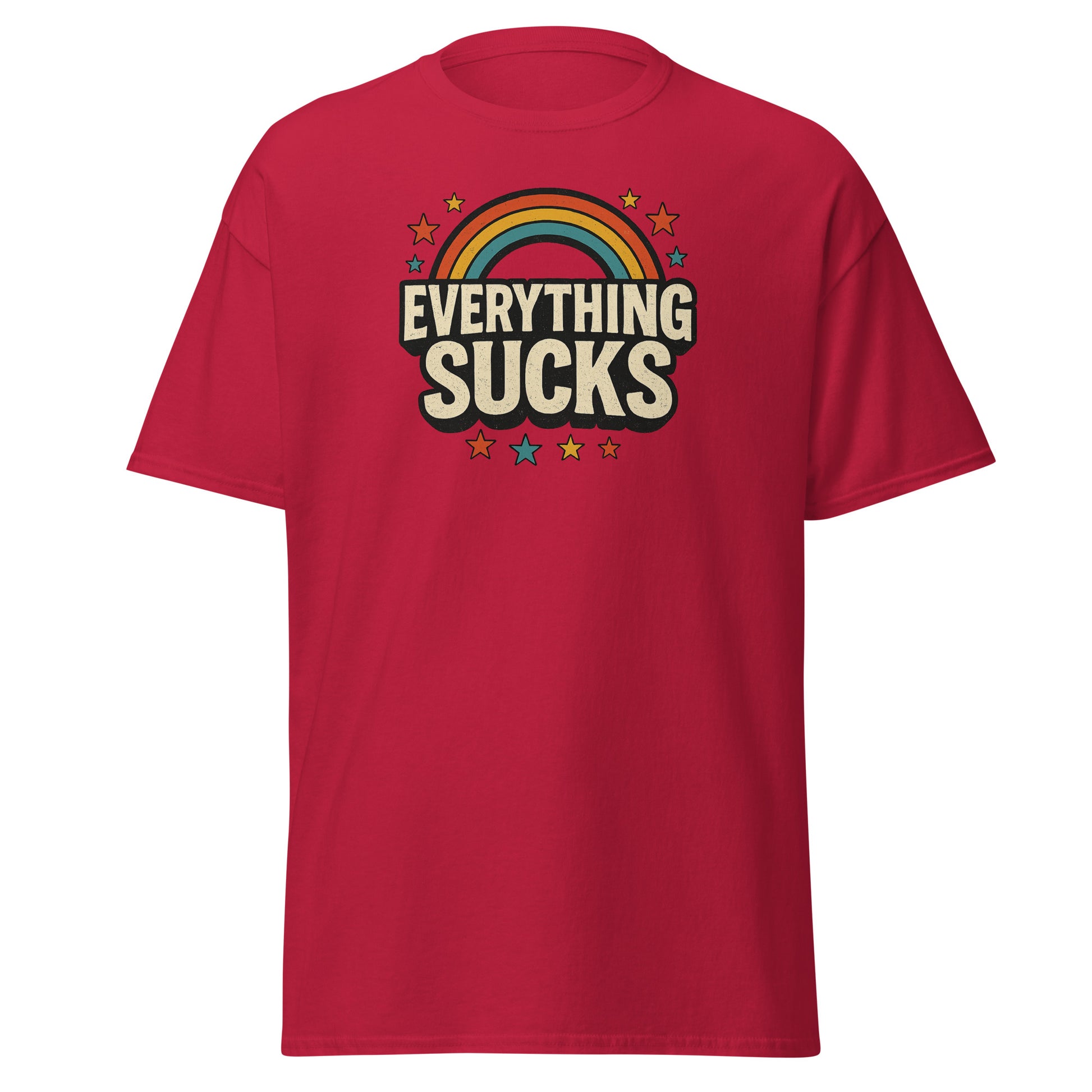 Red t-shirt with 'Everything Sucks' graphic design on a white background