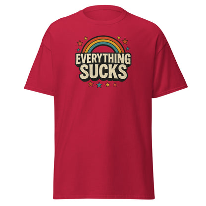 Red t-shirt with 'Everything Sucks' graphic design on a white background