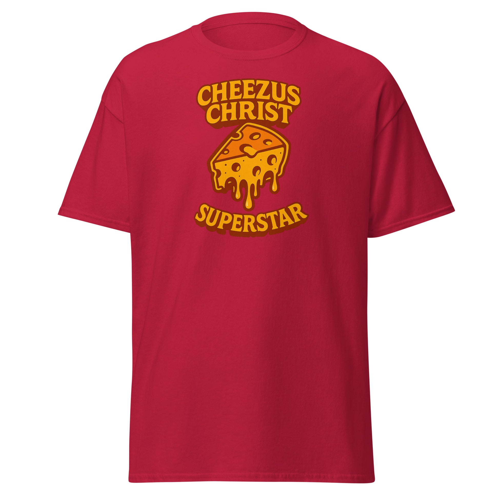 Red t-shirt with yellow graphic and text 'Cheezus Christ Superstar' on a white background