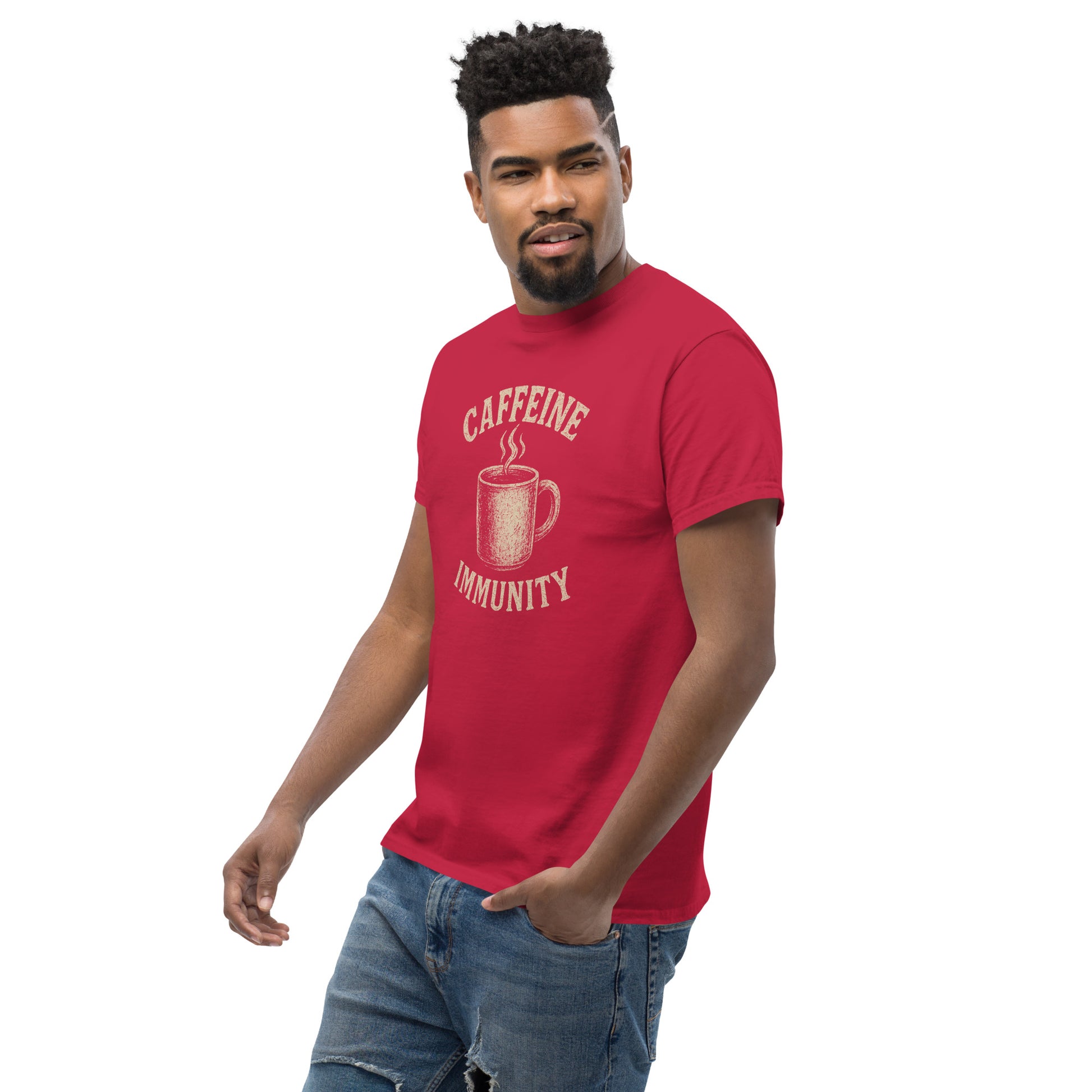 Man wearing a red t-shirt with 'Caffeine Community' design on a white background