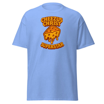 Light blue t-shirt with 'Cheezus Christ Superstar' graphic design on a white background