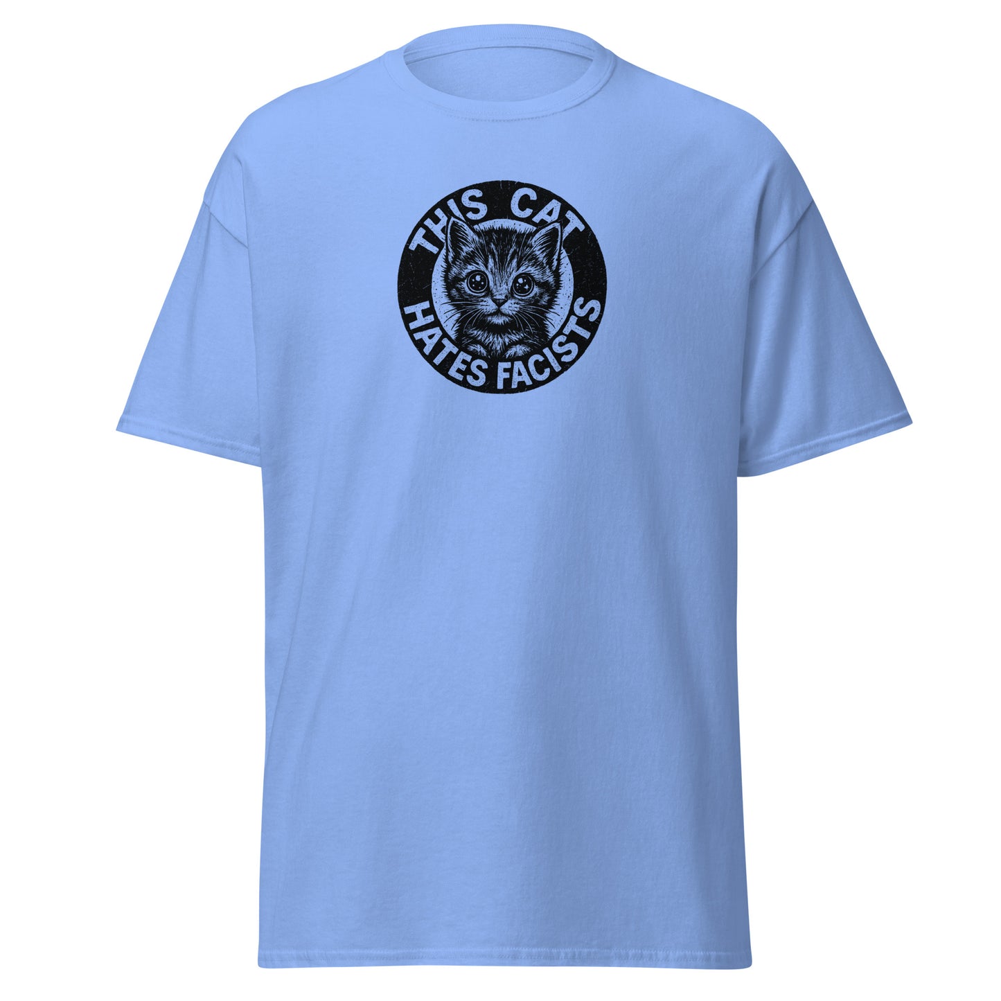 Light blue t-shirt with a black cat graphic and text on a white background