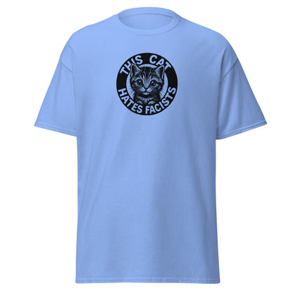 Light blue t-shirt with a black cat graphic and text on a white background