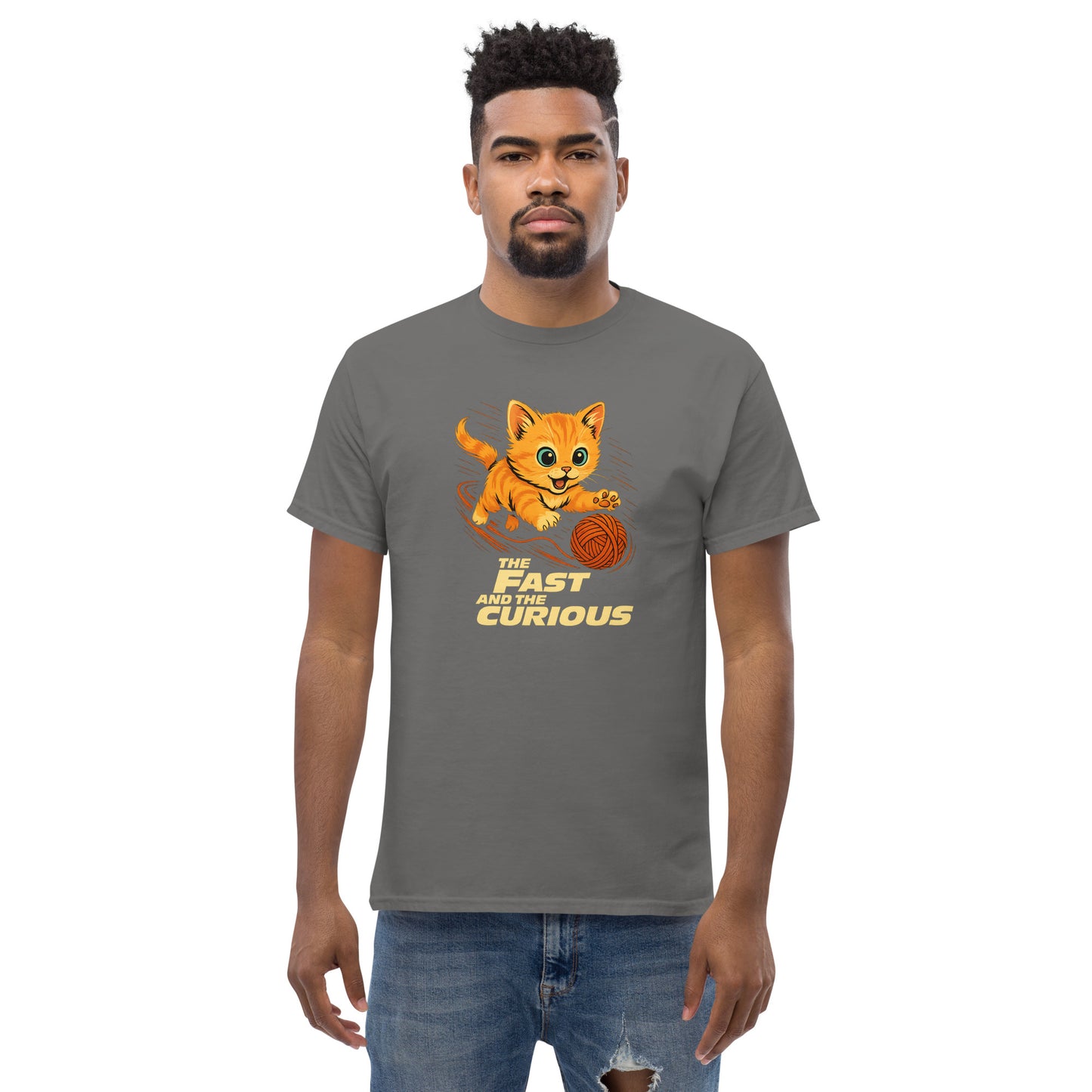 Man wearing a gray t-shirt with a cartoon cat design and text on a white background