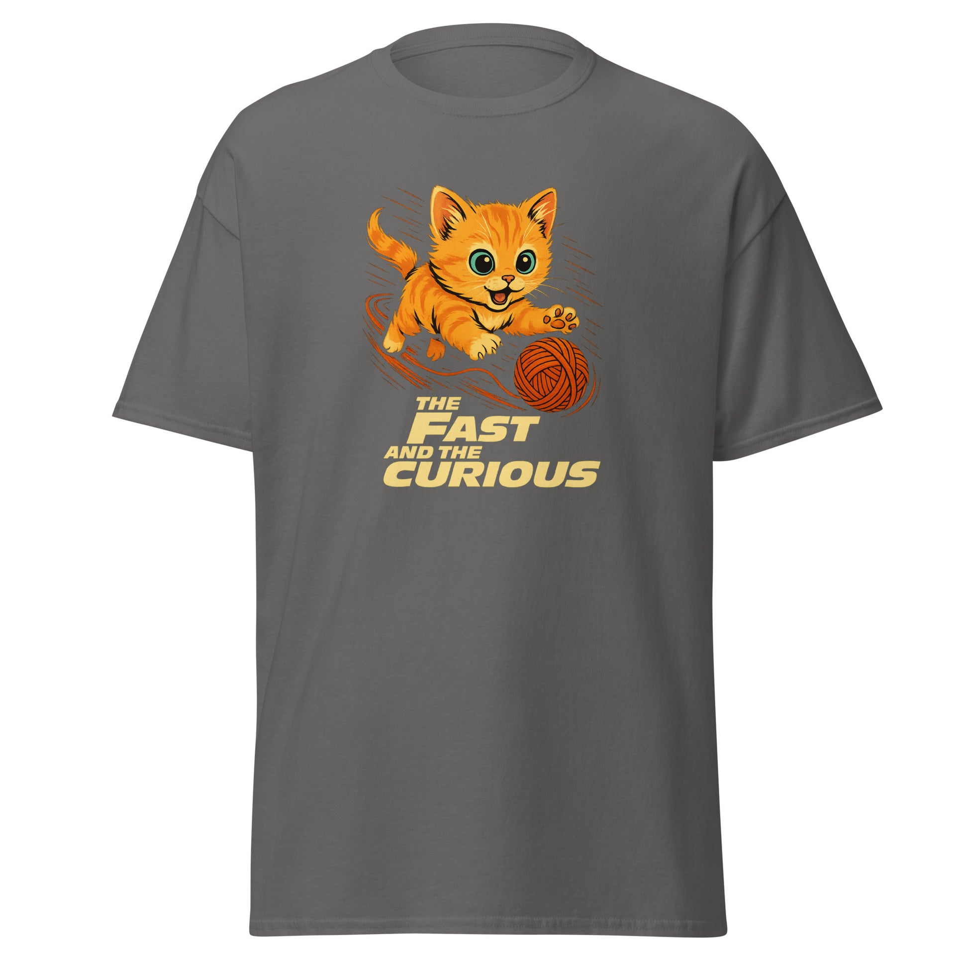 Gray t-shirt with a cat and yarn design and text 'The Fast and the Curious' on a white background