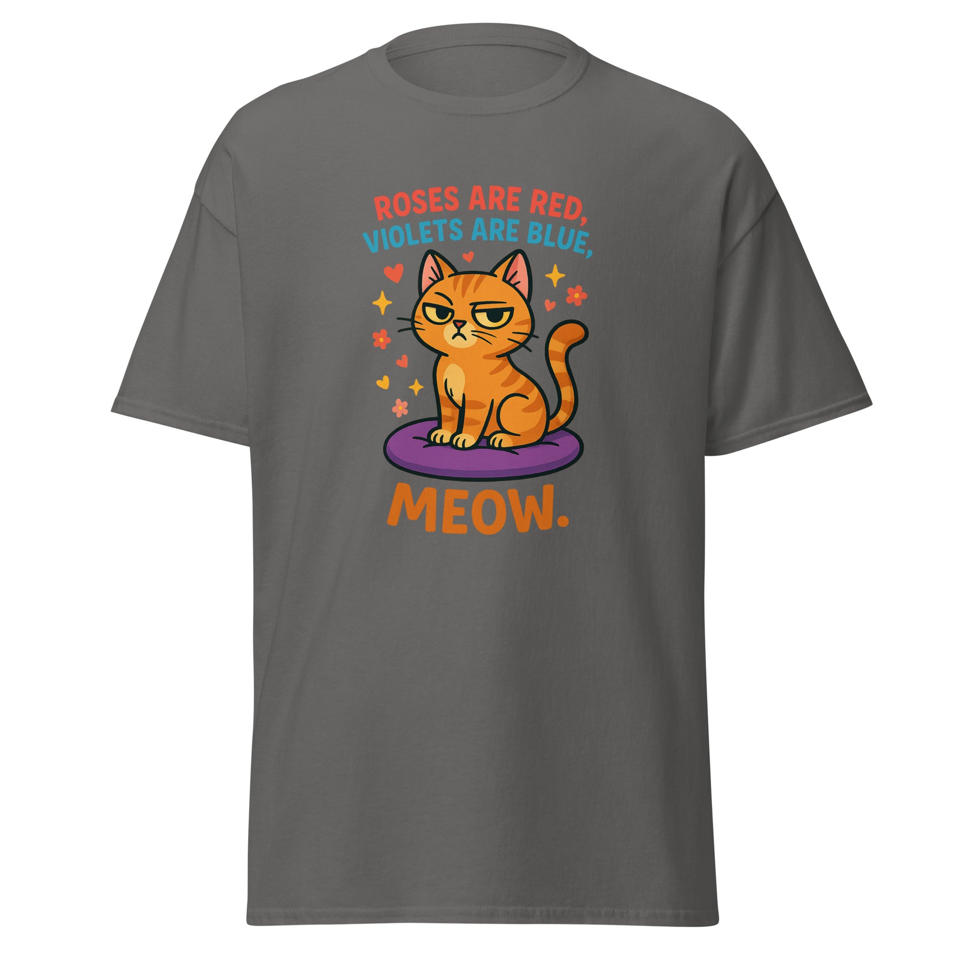 Gray t-shirt with a cat graphic and text on a white background