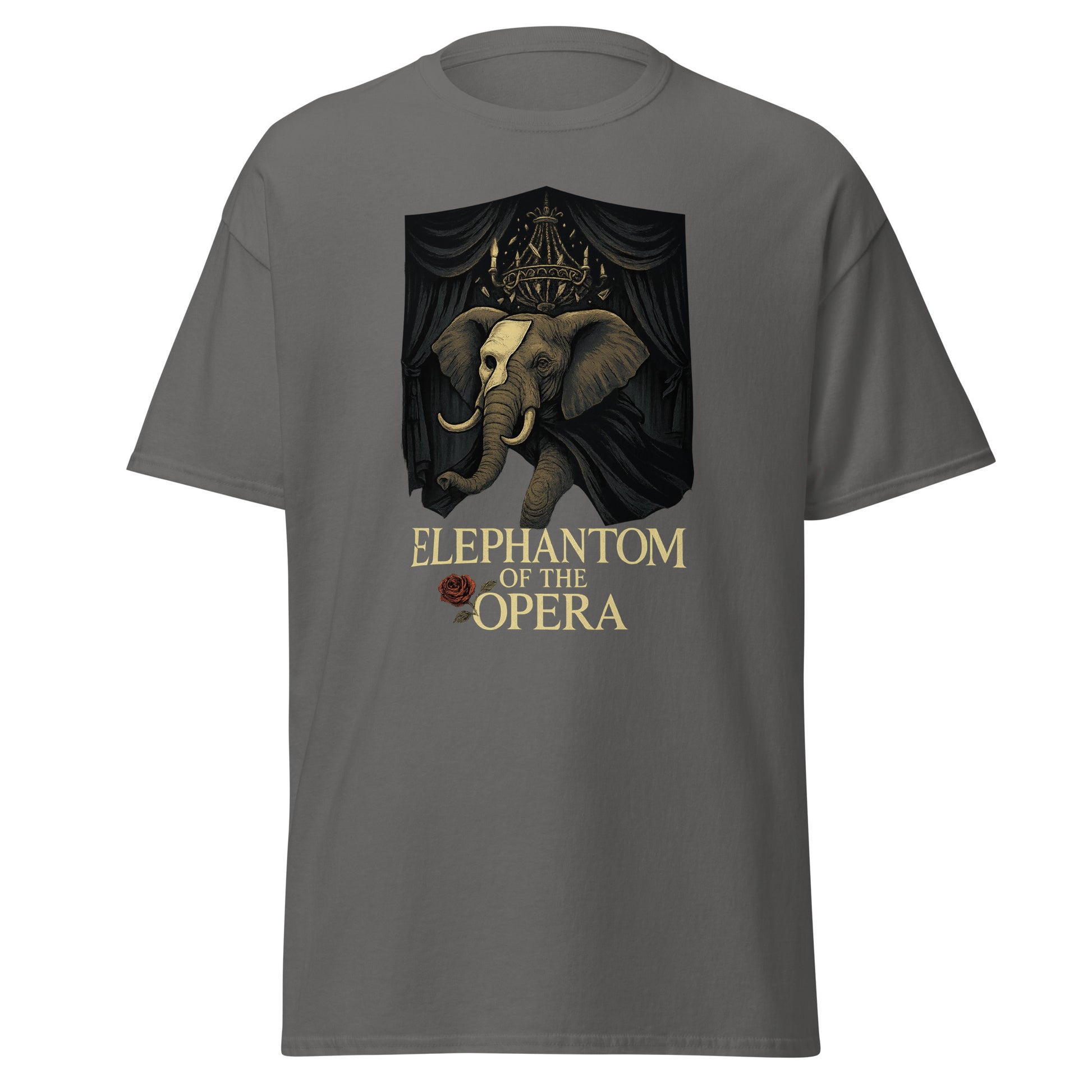 Gray t-shirt with 'elephantom of the opera' design featuring an elephant and a crown.