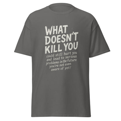 Gray t-shirt with humorous text design on a white background