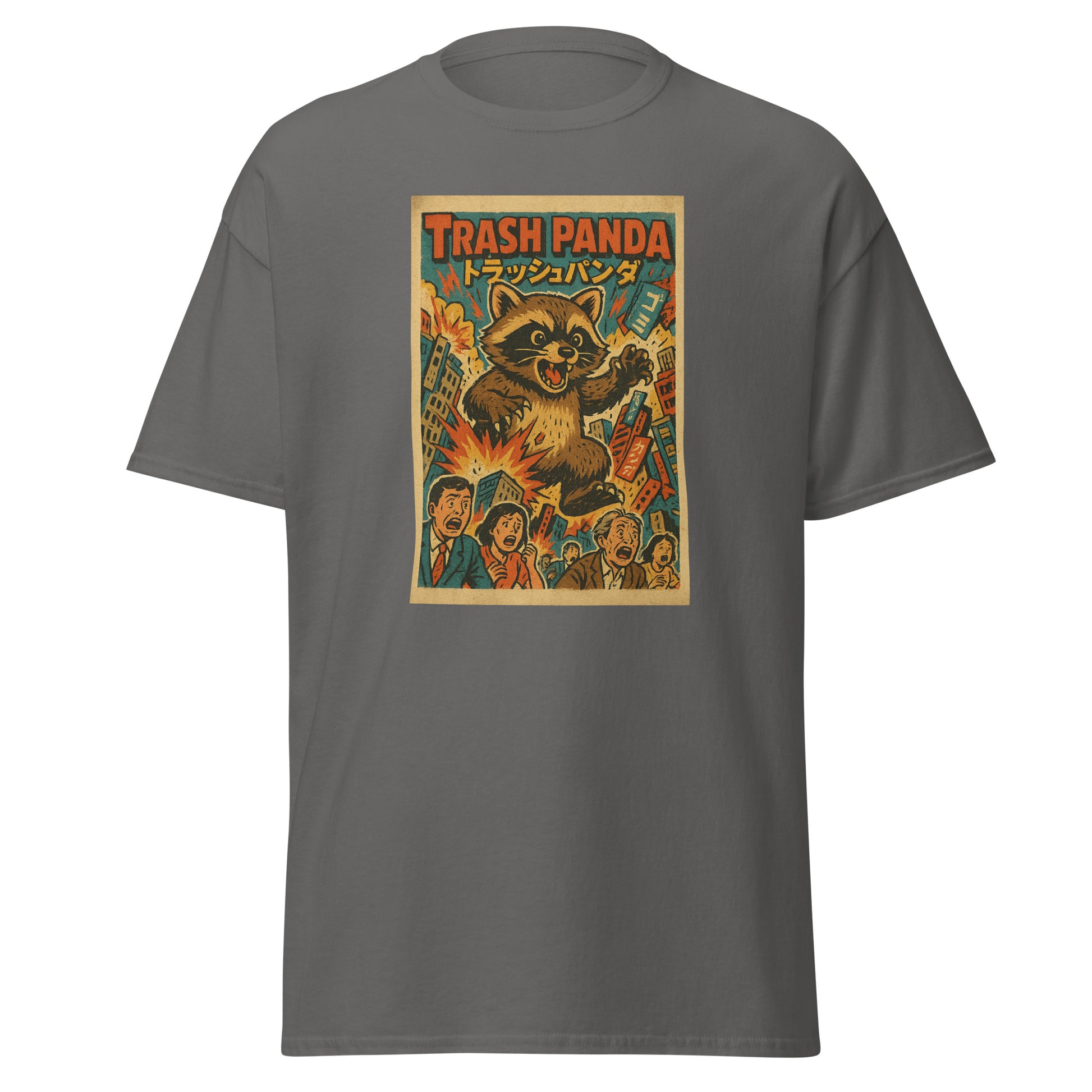 Gray t-shirt with a graphic of a trash panda and people, on a white background