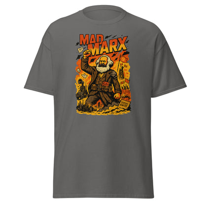 Gray t-shirt with a graphic of Karl Marx and text 'Mad Marx' on a white background
