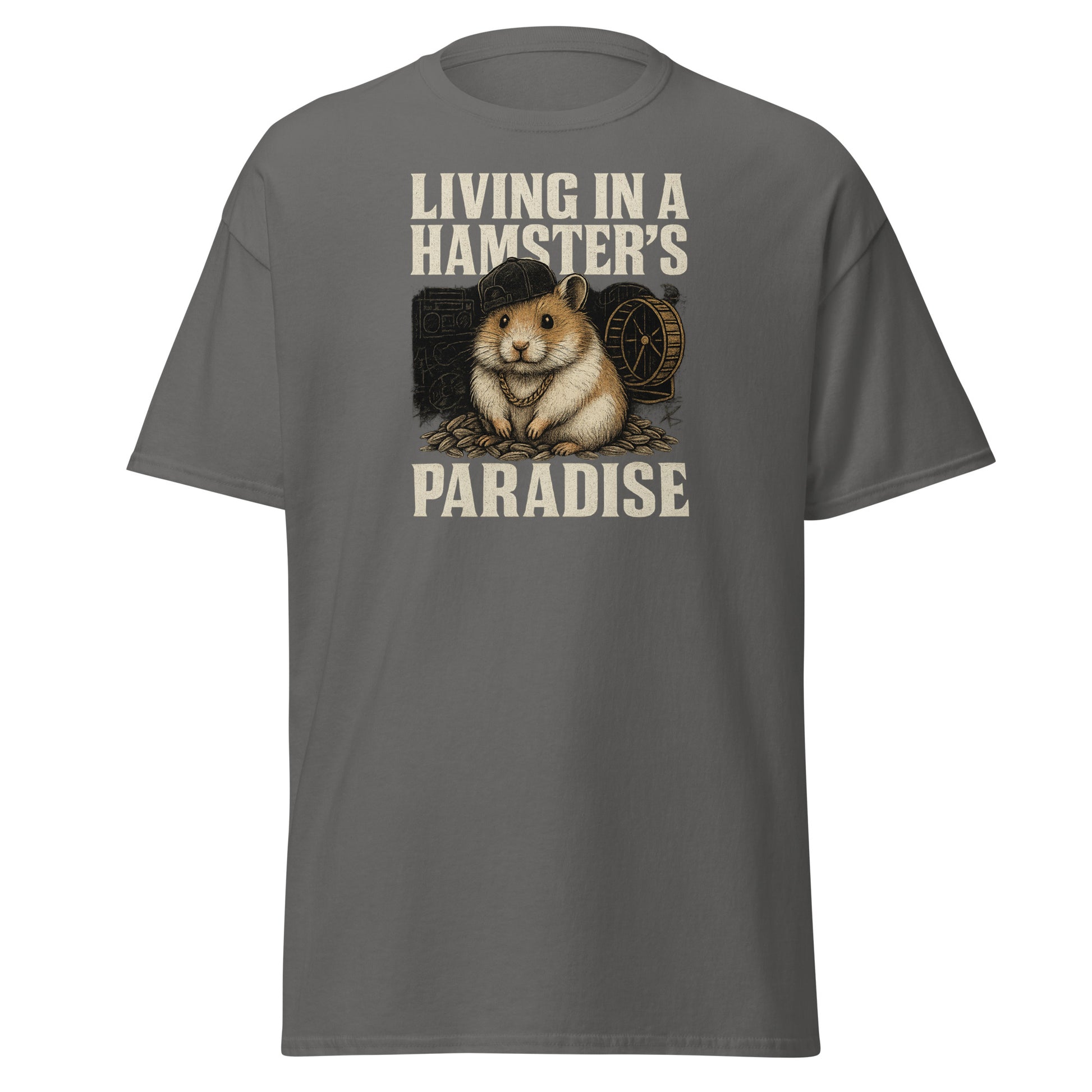 Gray t-shirt with a graphic of a hamster and text 'Living in a Hamster's Paradise' on a white background