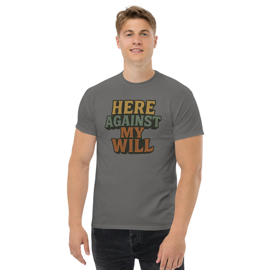 Man wearing a gray t-shirt with text on a white background