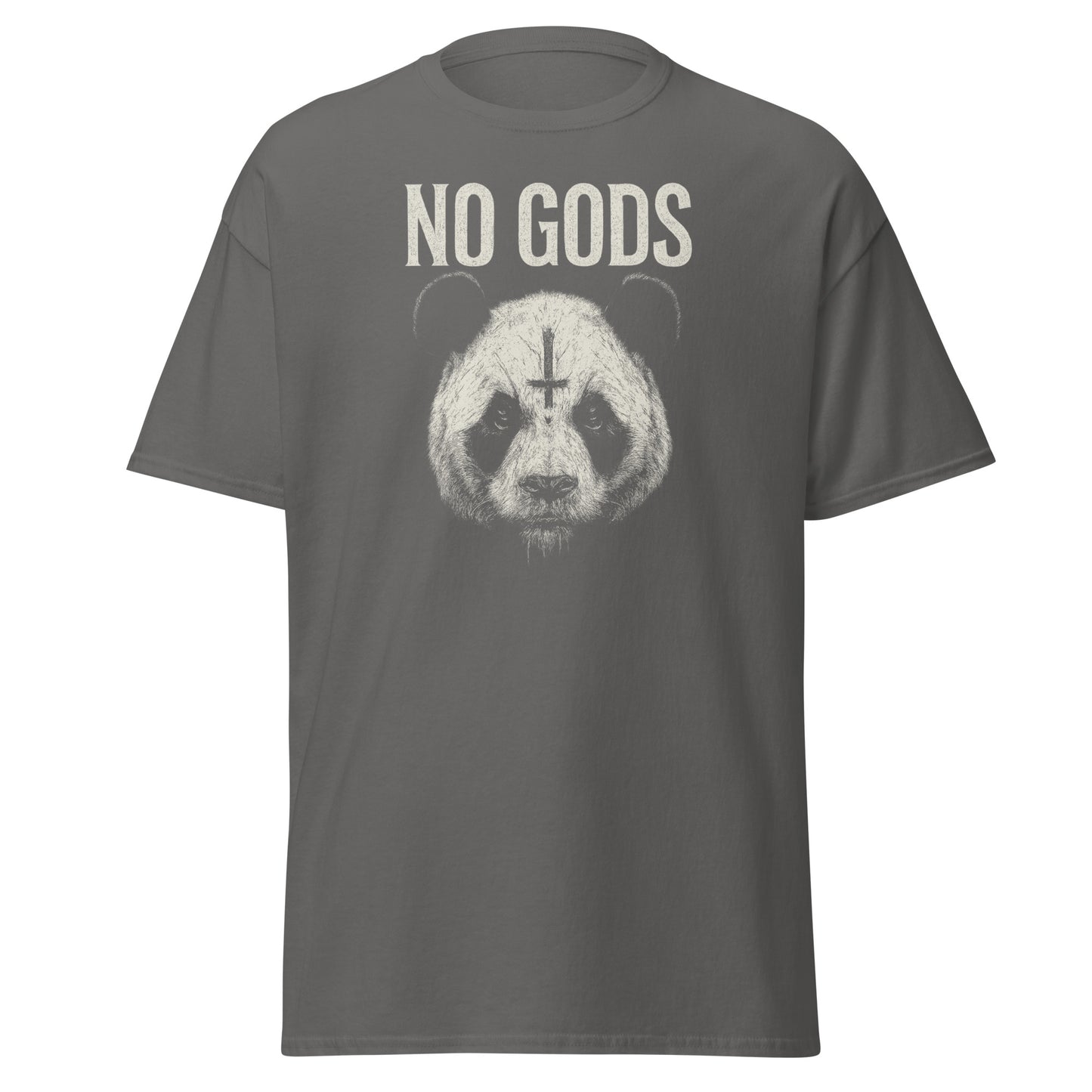 Gray t-shirt with panda graphic and 'NO GODS' text on a white background