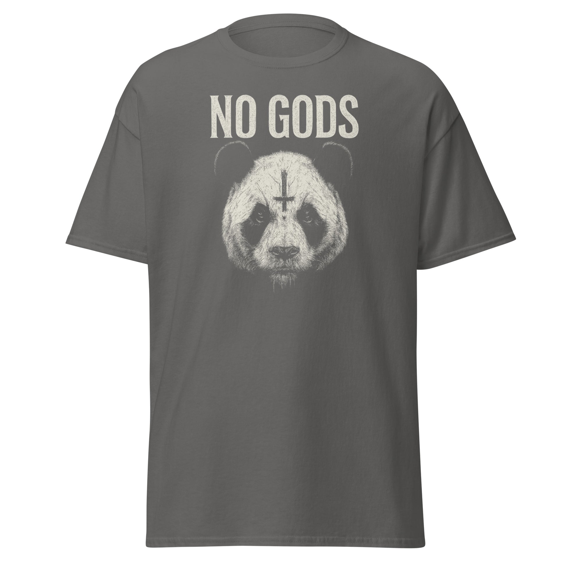 Gray t-shirt with panda graphic and 'NO GODS' text on a white background